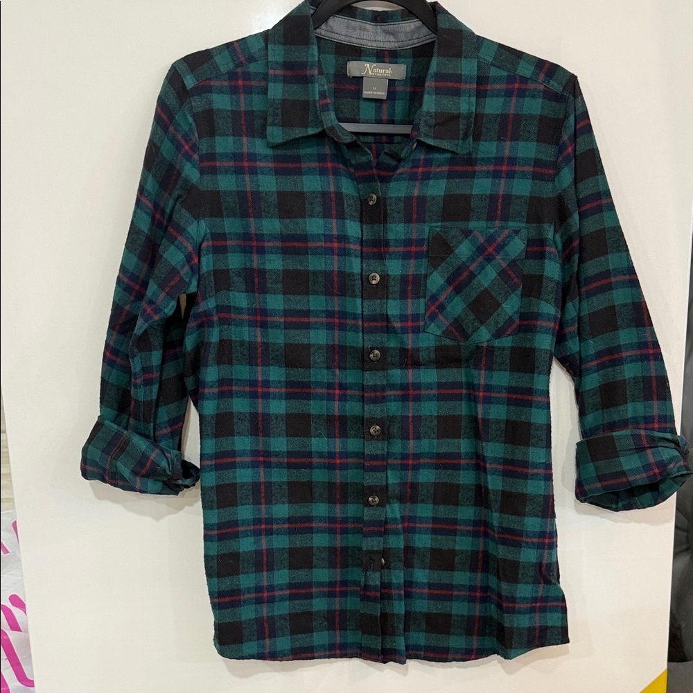 Natural Reflections Plaid Button Down Shirt - Green and Navy Blue